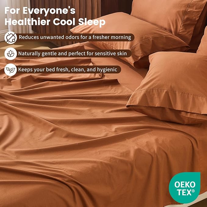 100% Linen Sheet Set Queen Size Extra Deep Pocket Fits 18-24 Inch Mattress, Breathable & Soft, Smooth 4-Piece Set for Thick Mattresses Hotel Luxury Bedding（Queen, Brown）