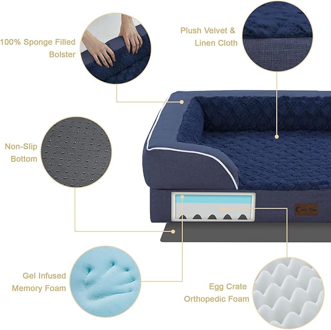 Casa Paw Orthopedic Dog Beds for Large Sized Dogs, Waterproof Memory Foam Large Pet Bed with Sides 36x27Inch, Non-Slip and Egg-Crate Foam Big Dog Couch Bed with Removable Washable Cover, Navy Blue