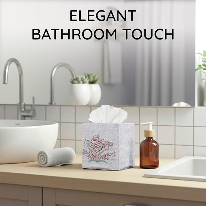 EmbroideryLinen.VN Tissue Box Cover Set of 2, Square Linen Tissue Holder, French Knot Hand Embroidered Floral Design, 4.5x4.5x5.5 Inches, Decorative Holder for Bathroom, Living Room, Office (Grey)