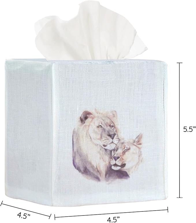 EmbroideryLinen.VN Tissue Box Cover Set of 2, Square Linen Tissue Holder, Printed Animal Pattern, 4.5x4.5x5.5 Inches, Decorative Holder for Bathroom, Living Room, Office (Lion)