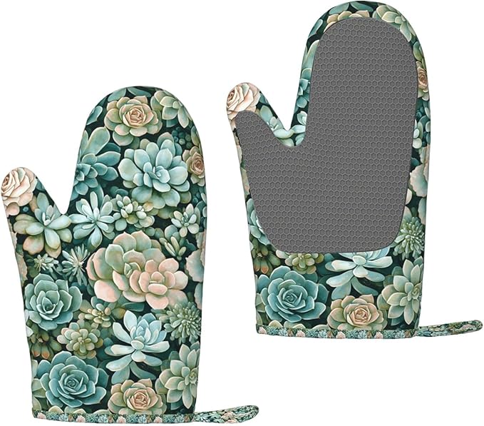 Heat Resistant Oven Mitts 2 Pack, 500°F Silicone Oven Gloves with Non-Slip Grip, Soft Quilted Cotton Lining for Baking, Grilling, BBQ, Cooking (Succulents)