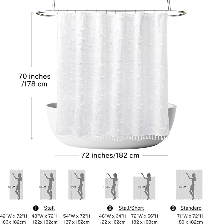 Siiluminisoy Boho White Woven Fabric Shower Curtain with Tassels 72 x 70 Modern Farmhouse Minimalist Tufted Chevron Striped Shabby Chic Textured, Water Resistant Curtain for Bathroom, Hotel Decor