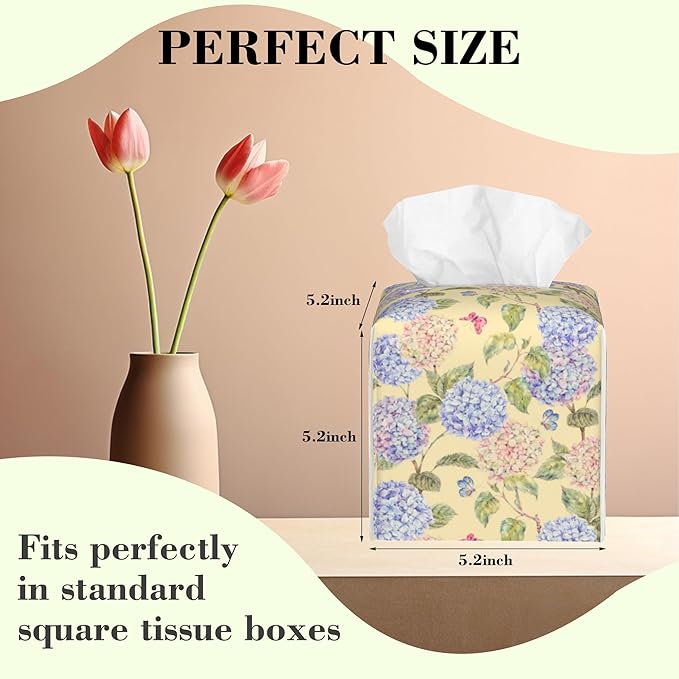 Watercolor Hydrangeas and Butterflies Tissue Box Cover Square Leather Tissue Holder Waterproof Facial Paper Organizer Dispenser Cube Paper Cover Case for Home Office Bathroom Vanity Countertop
