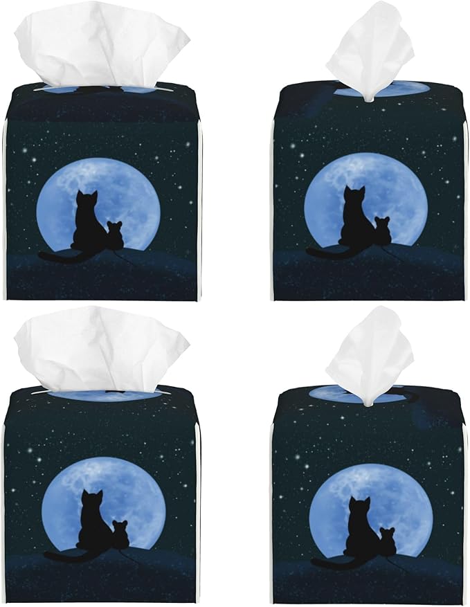 POIUBLE Leather Tissue Box Holder Cat Looking at The Moon Tissue Box Cover Square Waterproof Tissue Holder Organizer Modern Napkin Holder for Bedroom Dresser Night Stand Office Desk