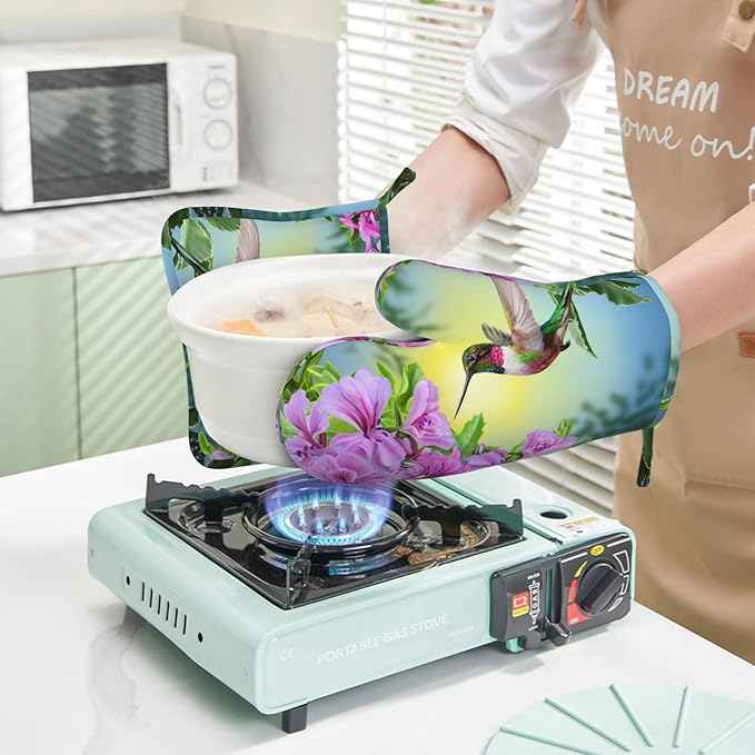 Bird Hummingbird Flower Oven Mitts And Pot Holders Set Of 4 Silicone Heat Resistant Oven Mitten Potholders Non Slip Gloves Kitchen Decor For Bbq Cooking Grilling Baking