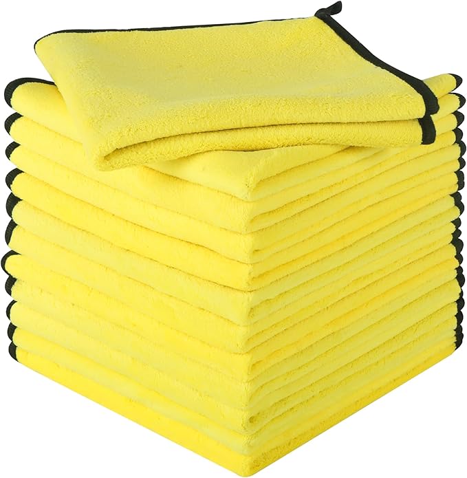 LJGG Microfiber Cleaning Cloths 12 Pack, 16 x 16 in (40 x 40 cm), 550 GSM, Lint‑Free & Streak‑Free, Scratch‑Free Towels for Kitchen, Glass & Car Detailing (Gray/Yellow)