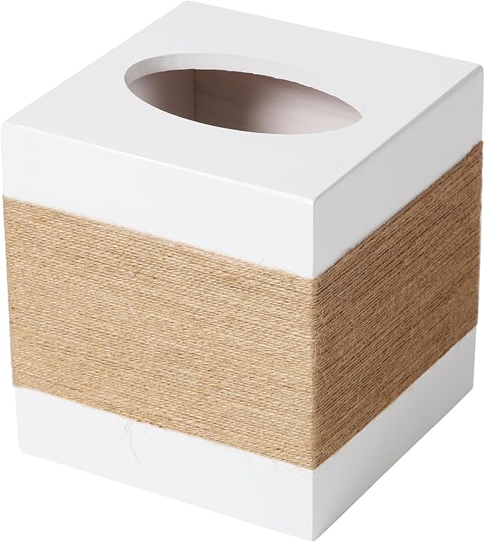 CATORY Tissue Box Cover, Wood Tissue Box Cover Square, Farmhouse Tissue Box Holder Covers Your Tissues, Decorative Tissue Cube Box Cover with Slide-Out Bottom (White)