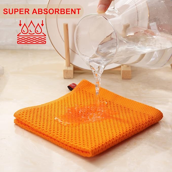 Kitinjoy 100% Cotton Kitchen Dish Cloths, 6 Pack Waffle Weave Ultra Soft Absorbent Dish Towels for Drying Dishes Quick Drying Kitchen Towels Dish Rags, 12 X 12 Inches, Orange