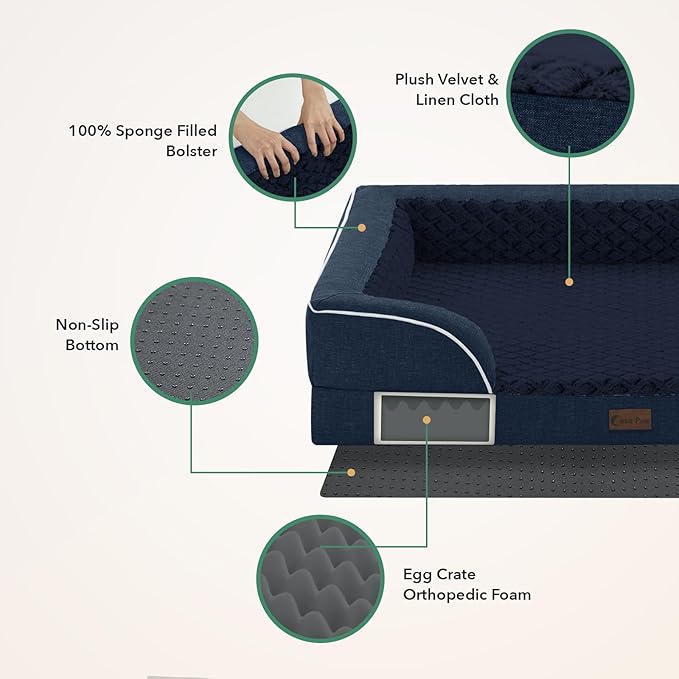 Casa Paw Orthopedic Dog Beds for Large Sized Dogs, Waterproof Memory Foam Large Pet Bed with Sides 35x22Inch, Non-Slip and Egg-Crate Foam Big Dog Couch Bed with Removable Washable Cover, Navy Blue