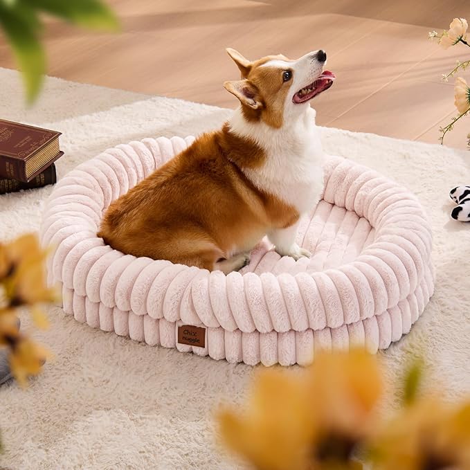ChiXnuggle Dog Bed Large Sized Dog - Luxury Striped Faux Fur Waterproof Pet Couch with Removable Washable Cover, Orthopedic Pet Bed with Bolster Sides for Sleeping, Pink