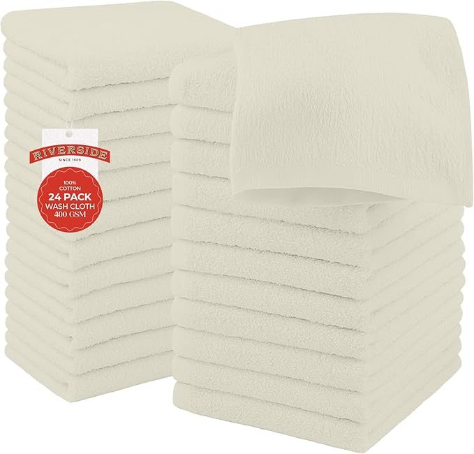 RIVERSIDE 24 Pack Washcloths Set - 100% Cotton [12x12 Inches] - 500 GSM, Soft, Quick-Dry & Highly Absorbent Face Towels - Perfect for Bathroom, Gym, Hotel, Spa & Travel - Cannoli Cream