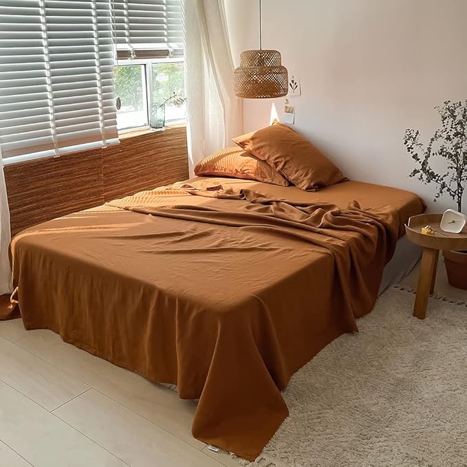 Simple&Opulence Washed Linen Bed Sheet Set Basic Style 4 Pieces (1 Flat Sheet & 1 Fitted Sheet & 2 Pillowcases) 100% Natural French Flax Soft Breathable Farmhouse Bedding (Queen, Rust)