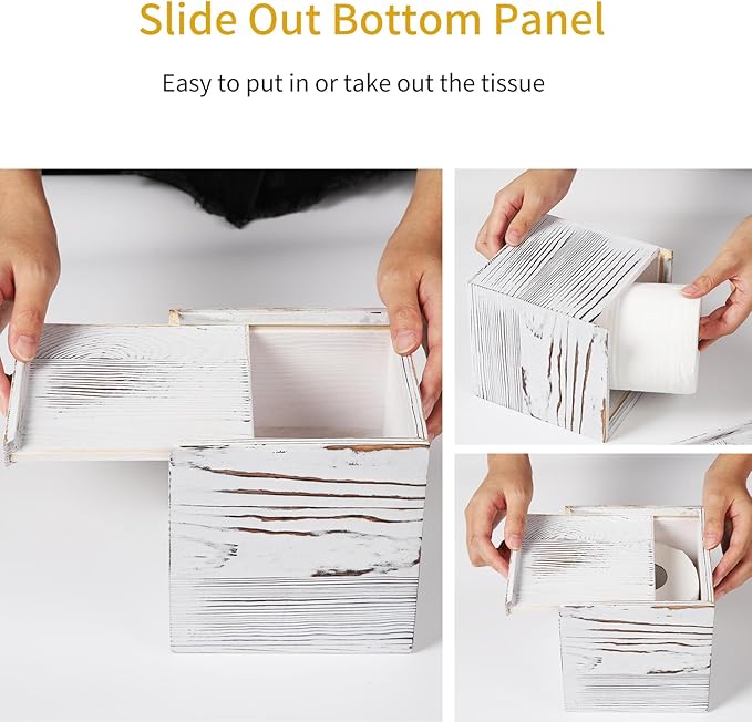 CATORY Tissue Box Cover, Wood Tissue Box Cover Square, Farmhouse Tissue Box Holder Covers Your Tissues, Decorative Tissue Cube Box Cover with Slide-Out Bottom (White)