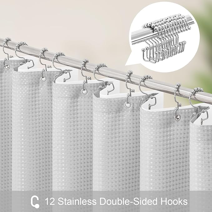Craidlela 3 in 1 Shower Curtain Set, Light Grey Waffle Shower Curtain and PEVA Liner Set with 12 Stainless Steel Shower Curtain Hooks, Waterproof Shower Curtains for Bathroom, 72 W x 72 H