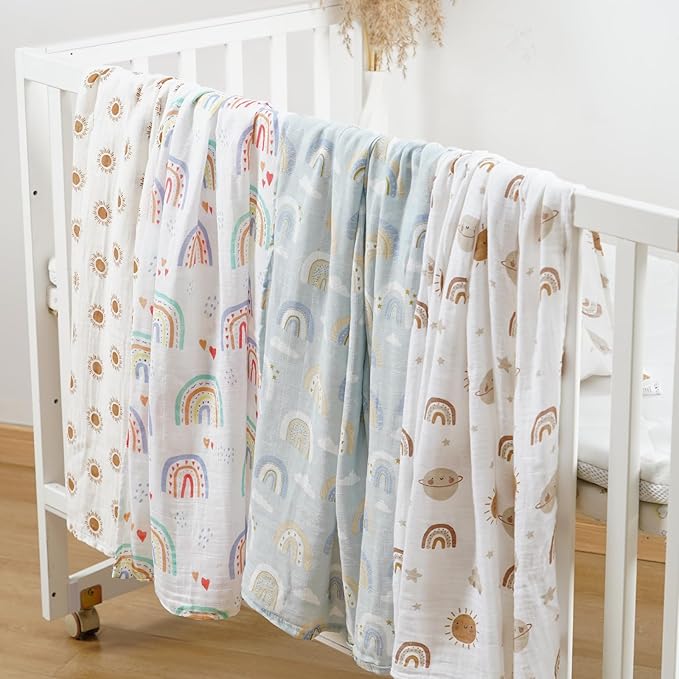 CoolaPeach 4 Set Muslin Swaddle Blankets for Newborn Baby Boys, Girls,Receiving Blankets-Cute Soft Print Baby Towel Wrap 120x110cm Baby(Rainbow)