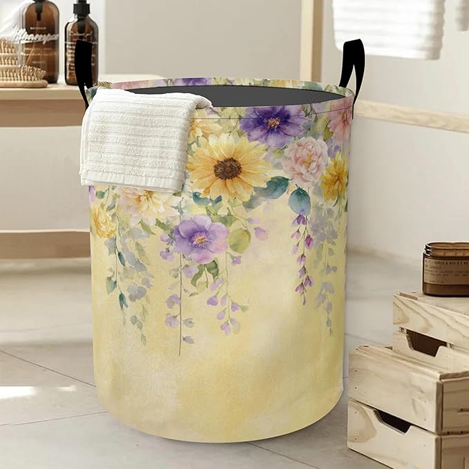 Yellow Wisteria Flowers Laundry Basket-Large Foldable Hamper Holder Portable Tall Collapsible Laundry Hamper Storage Basket Bin with Handles, Canvas & Waterproof lining for Household Items