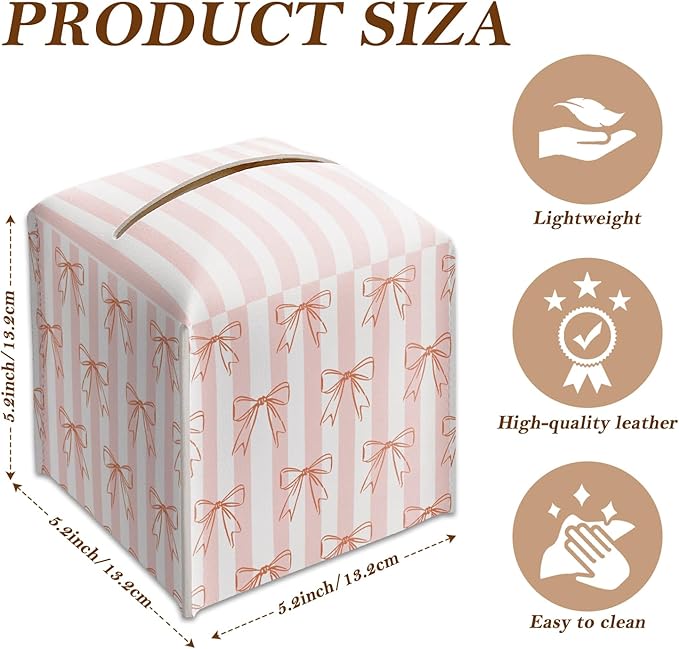 Blush Pink Bow Stripes Tissue Box Cover Square, Leather Tissue Holder with Bottom Belt, for Nightstands Desks Office Bathroom Car Vanity Home Decor Supplies -013