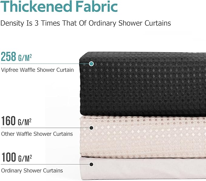 Vipfree 3 in 1 Shower Curtain Set, Waffle Shower Curtain and Liner Set with 6 Double Sided Shower Curtain Hooks, 258GSM Luxury Weighted Cloth Shower Curtains for Bathroom, 36 W x 72 H, Black