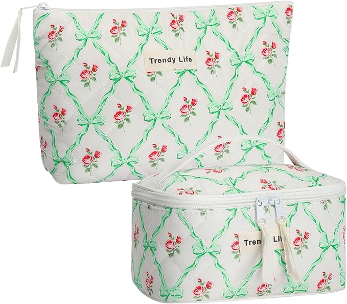 HAOGUAGUA 2 Pieces Makeup Bag, Small Large Quilted Cosmetic Bag, Travel Floral Make Up Toiletry Organizer Bag for Women Girls (2PCS STYLE B-2)