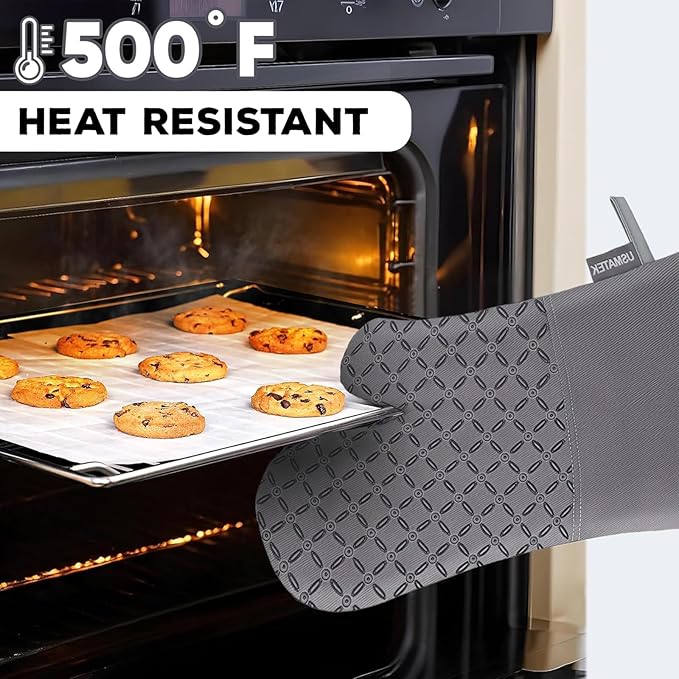 Oven Mitts and Pot Holders Set – 6 PCS Heat Resistant to 500°F, Extra Long Silicone Oven Gloves & Potholders with Non-Slip Grip, Quilted Cotton Lining, Washable, for Cooking, Baking, BBQ (Grey)