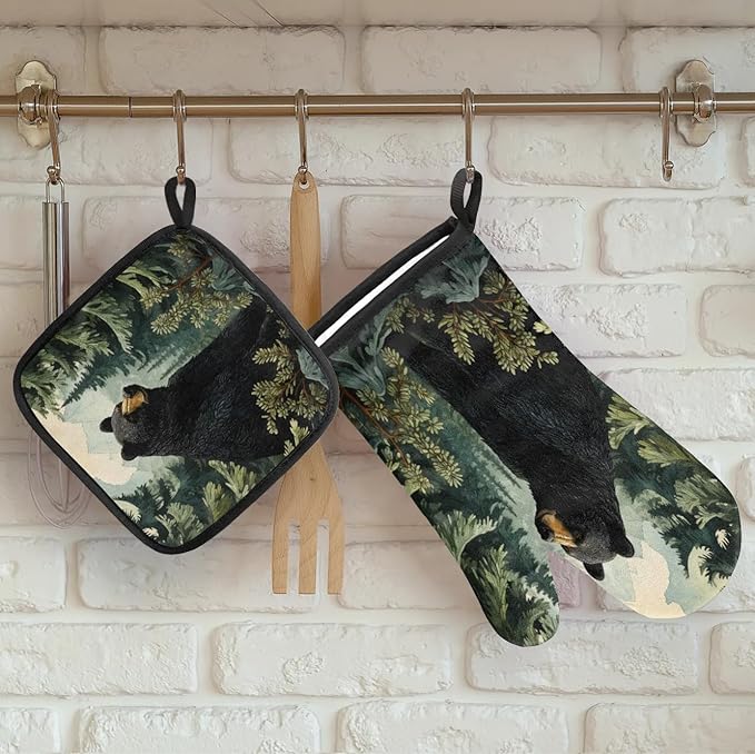 Black Bear Forest Wild Animals Oven Mitts and Pot Holders Sets, 2 Pcs Decorative Kitchen Oven Glove for Cooking