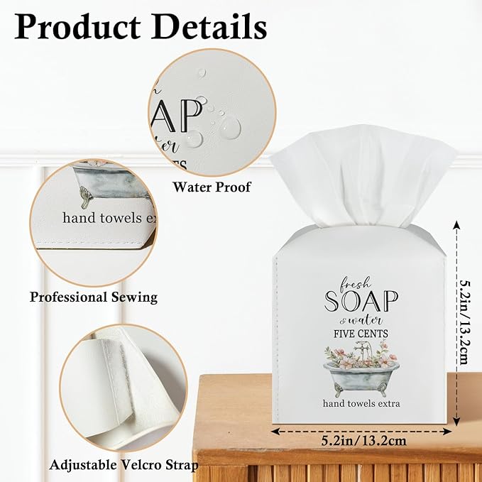 Flower Tissue Box Covers Square - Fresh Soap and Water, Leather Tissue Box Holders Decorative for Home Bathroom Restroom Shelf, Square Facial Paper Organizer Home Decor -027