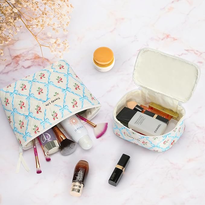 HAOGUAGUA 2 Pieces Makeup Bag, Small Large Quilted Cosmetic Bag, Travel Floral Make Up Toiletry Organizer Bag for Women Girls (2PCS STYLE B-3)