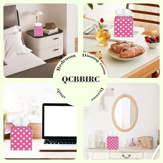 Pink Polka Dot Tissue Box Cover Square Leather Tissue Holder Waterproof Facial Paper Organizer Dispenser Cube Paper Cover Case for Home Office Bathroom Vanity Countertop