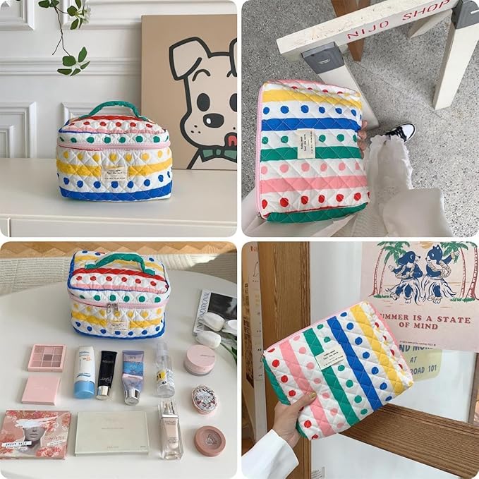 Fcteap Makeup Bag Travel Essentials Quilted Cosmetic Toiletry Pouch Organizer Insert for Women Dorm Room Essential Gift Large Capacity Opening Lightweight Cute Aesthetic Portable 2PCS (Colorful Dots)