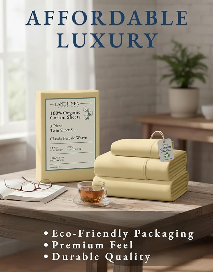 LANE LINEN 100% Organic Cotton Twin Bed Sheet Set, Soft, Comfy & Breathable Hotel Style Percale Bedding Sheets & Pillowcases Set, Mercerized Cotton Fully Elasticized Sheets Twin- Vanilla