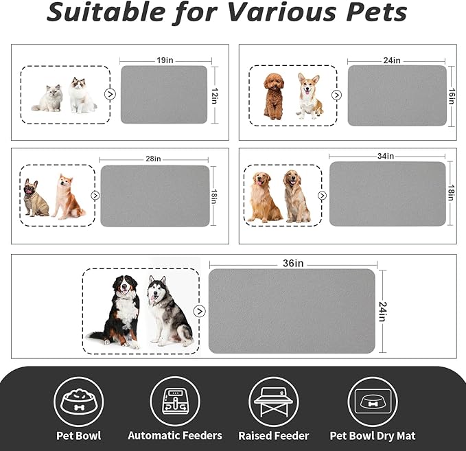 HotLive Dog Food Mat - Absorbent Cat Mat for Food and Water, No Stains Pet Feeding Bowl Mat, Easy to Clean Pet Placemats, Quick Dry Dog Water Dispenser Mat for Messy Drinkers | Grey 18"x 34"
