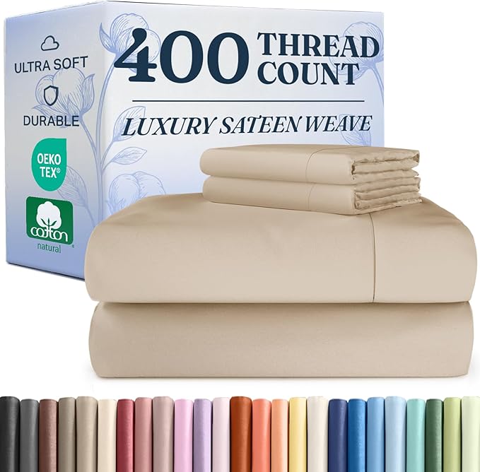 400 Thread Count Cotton Sheet Set - Full Size 100% Cotton Sheets - Easily Fits 8" to 16" Mattress - Silky-Soft, Wrinkle Free, Breathable and Comfy - Deep Pockets & Hotel Quality Bedding Set - Cream