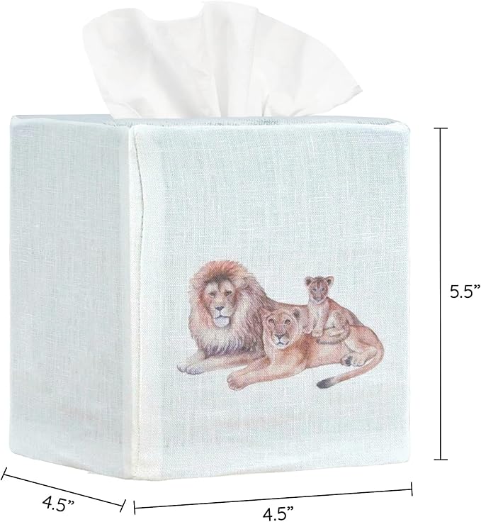 EmbroideryLinen.VN Tissue Box Cover Set of 2, Square Linen Tissue Holder, Printed Animal Pattern, 4.5x4.5x5.5 Inches, Decorative Holder for Bathroom, Living Room, Office (Lion Love)
