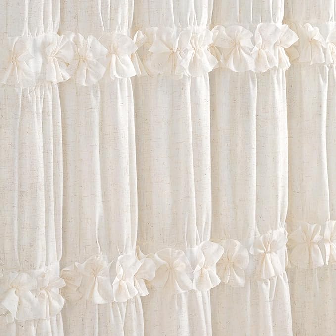 XOGUIBO Ruffle Shower Curtain with Bow Vintage Farmhouse Linen Shower Curtain for Bathroom, Cream, 72" W x 84" H