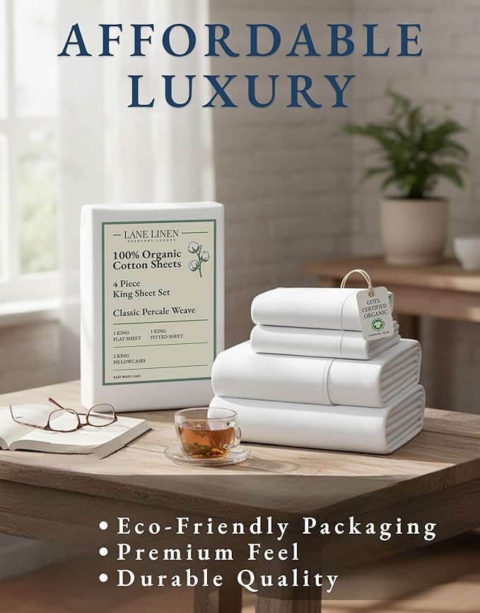 LANE LINEN 100% Organic Cotton King Size Sheets Set, Soft & Comfy All Season Breathable Sheets King Size, Percale Weave Fully Elasticized Eco Friendly Naturally Cooling King White Bed Sheets
