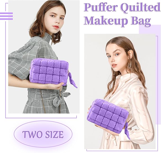 Puffer Quilted Makeup Bag Cosmetic Bags,Puffy Travel Toiletry Pouch for Women,Cute Checkered Zipper Bag Travel Essential,Portable Aesthetic Make up Organizer Bag for Gifts Work Daily(Purple,M)