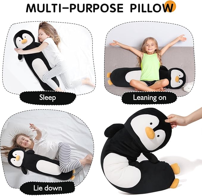 36” Long Penguins Plush Body Pillow, Cute Giant Black Penguin Stuffed Animals, Big Penguins Squishy Soft Plushies Toy, Gifts for Kids Girls and Boys, Birthdays, Halloween, Christmas