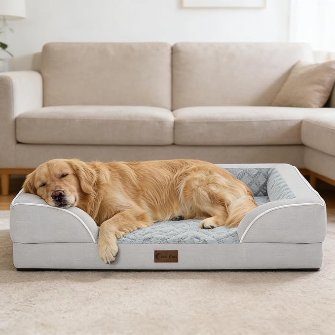 Casa Paw Orthopedic XXL Dog Beds, Waterproof Memory Foam Big Pet Bed for Extra Large Sized Dogs 53x42Inch, Non-Slip Bottom and Egg-Crate Foam Dog Couch Bed with Washable Removable Cover, Light Grey