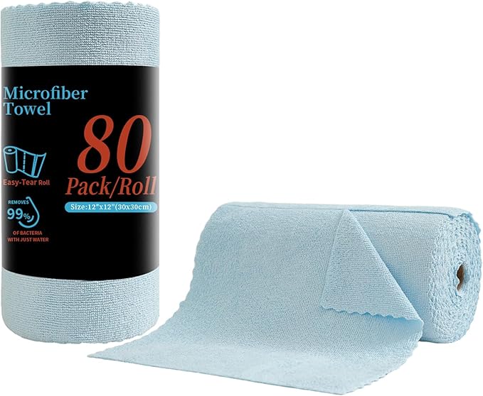 Tigona 80 Pack Microfiber Cleaning Cloth Roll,Lint Free Rags & Tear Away Reusable Towels Washable Scratch,Ultra Absorbent Dish Rags(12" x 12") for Car Kitchen Home Garage-Blue