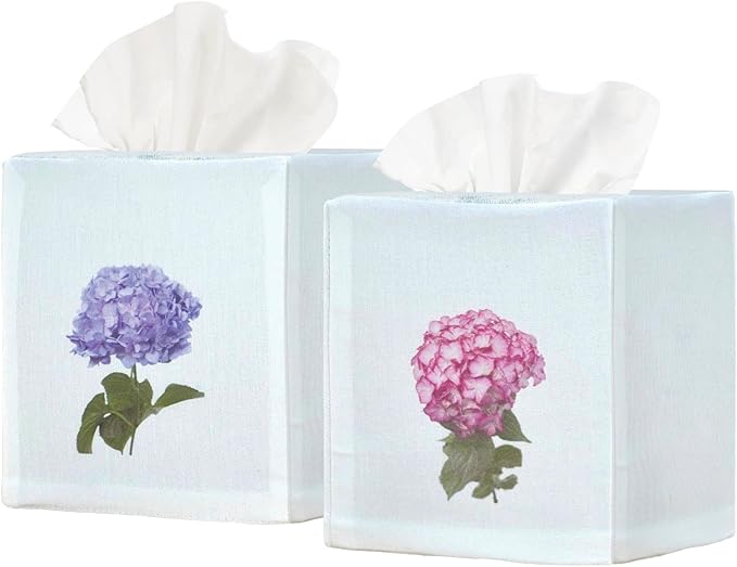EmbroideryLinen.VN Tissue Box Cover Set of 2, Square Linen Tissue Holder, Printed Floral Design, 4.5x4.5x5.5 Inches, Decorative Holder for Bathroom, Living Room, Office (Hydrangea)
