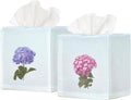 EmbroideryLinen.VN Tissue Box Cover Set of 2, Square Linen Tissue Holder, Printed Floral Design, 4.5x4.5x5.5 Inches, Decorative Holder for Bathroom, Living Room, Office (Hydrangea)