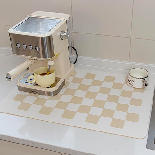 24''x16'' Water Absorbent Dish Drying Mats for Kitchen Counter Checkered Coffee Bar Station Accessories, Easy Clean and Quick Drying,Beige Checkered