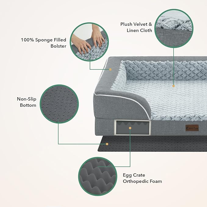 Casa Paw Orthopedic Dog Beds for Extra Large Sized Dogs, Waterproof Memory Foam XL Pet Bed with Sides 48x30Inch, Non-Slip and Egg-Crate Foam Big Dog Couch Bed with Removable Washable Cover, Grey