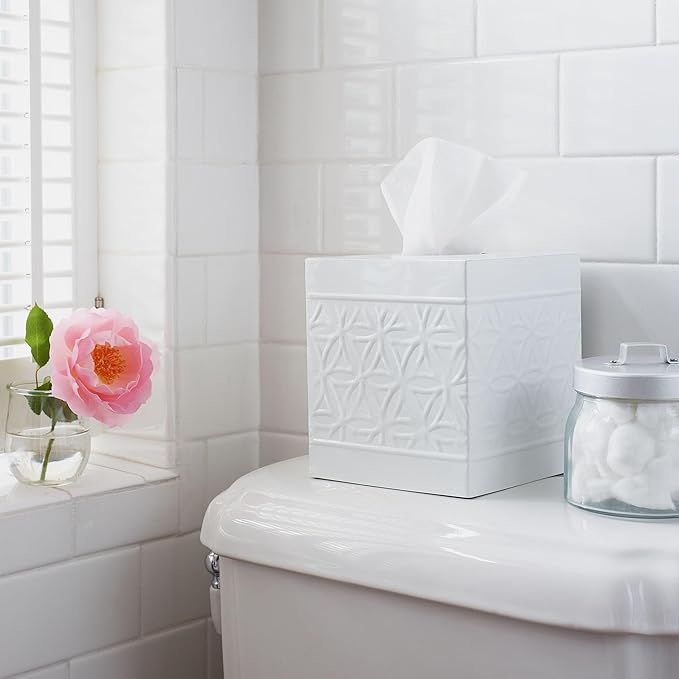 Autumn Alley White Tissue Box Cover Square, Bathroom Accessories, Decorative Tissue Holders for Bathrooms, Bedroom, Kitchen with Embossed Pattern Tissue Holders Decorative, Modern, White