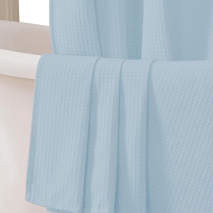 OVZME Extra Long Shower Curtain Set- 96 Inch Long Waffle Weave Heavy Duty Fabric Shower Curtains for Bathroom, Luxury Heavy Duty Thick Cloth Shower Curtain with 12 Plastic Hooks, 72Wx96L, Glacier Blue