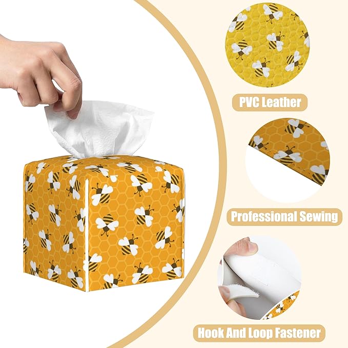 BLYKVGHQ Bee and Honeycomb Tissue Box Cover Square, Tissue Box Holder with Bottom Belt Leather Facial Paper Organizer Dispenser for Bathroom Bedroom Dresser Night Stand Tabletop