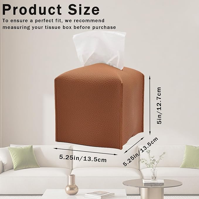 Hapforever 1PC Square Tissue Box Cover, PU Leather Square Tissue Box Holder with Bottom Belt Modern Tissue Box Organizer for Bathroom/Car/Hotel/Office (5.25”x5.25”x5”, Brown)