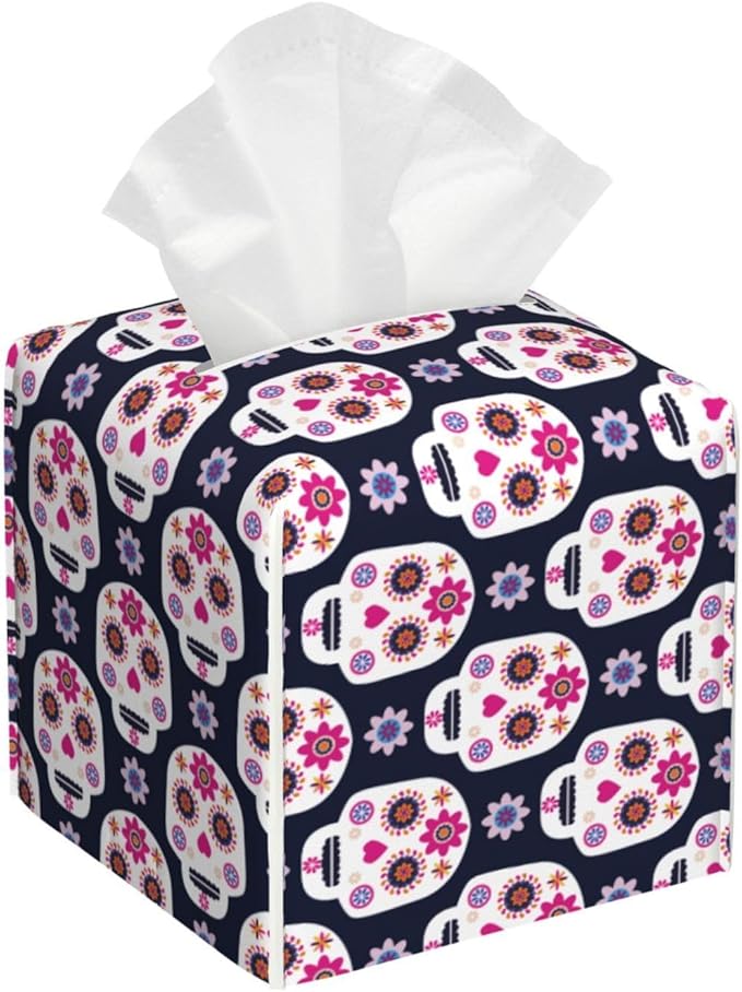 PVC Tissue Box Cover Holder,Skull Square Decorative Organizer,5.2"X5.2"X5.2" Tissue Case for Bathroom,Tabletop,Car,Office