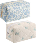 Gleyemor 2 Pieces Quilted Makeup Bag, Cute Floral Cosmetic Bag for Women, Cotton Make Up Bag Set, Flower Travel Toiletry Bag Tote Bag Organizer (Blue Floral+ Blue Bowknot)