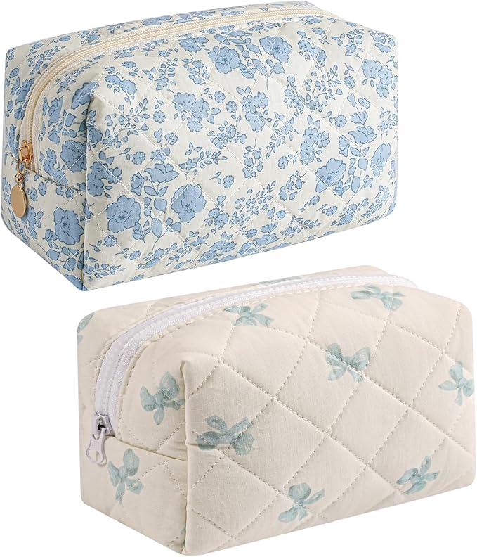 Gleyemor 2 Pieces Quilted Makeup Bag, Cute Floral Cosmetic Bag for Women, Cotton Make Up Bag Set, Flower Travel Toiletry Bag Tote Bag Organizer (Blue Floral+ Blue Bowknot)